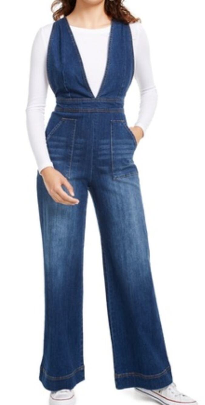 Dollhouse Plunging Denim Jumpsuit Overalls size 1/2 XS Wide leg Cotton